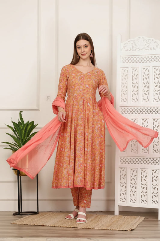 Gulrukh Peach Handblock Anarkali Set
