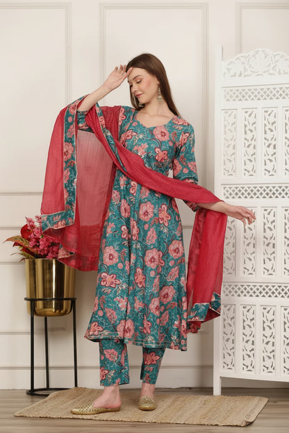 Jasmine Teal Handblock Anarkali Set