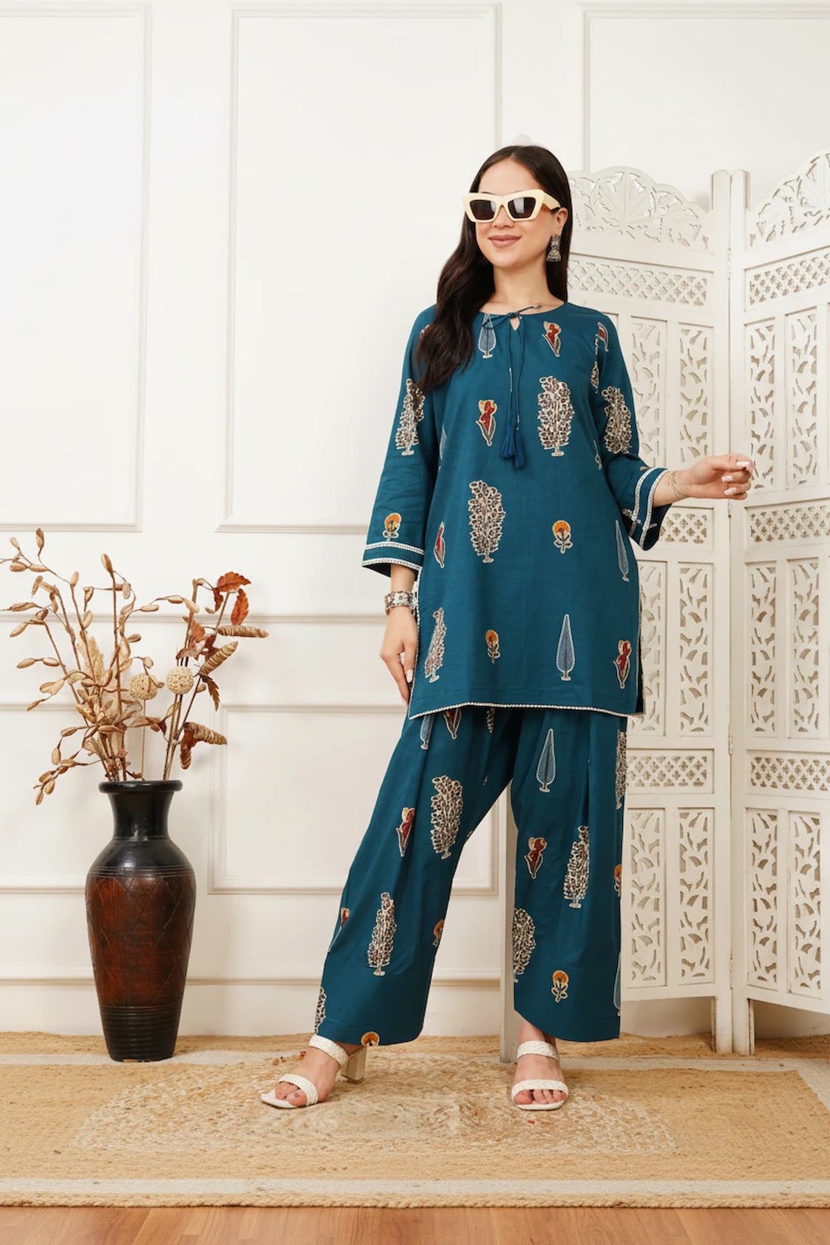 Aila Blue Handblock Farshi Co-ord Set
