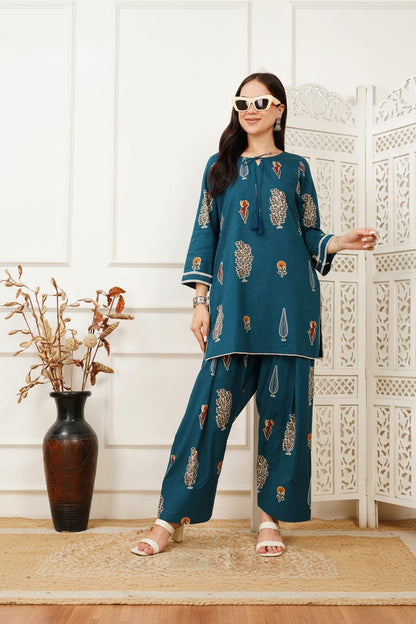 Aila Blue Handblock Farshi Co-ord Set