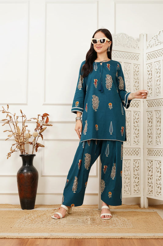 Aila Blue Handblock Farshi Co-ord Set