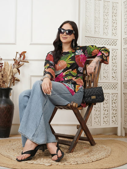 Lina Screen Printed Black Cotton Short Kurti