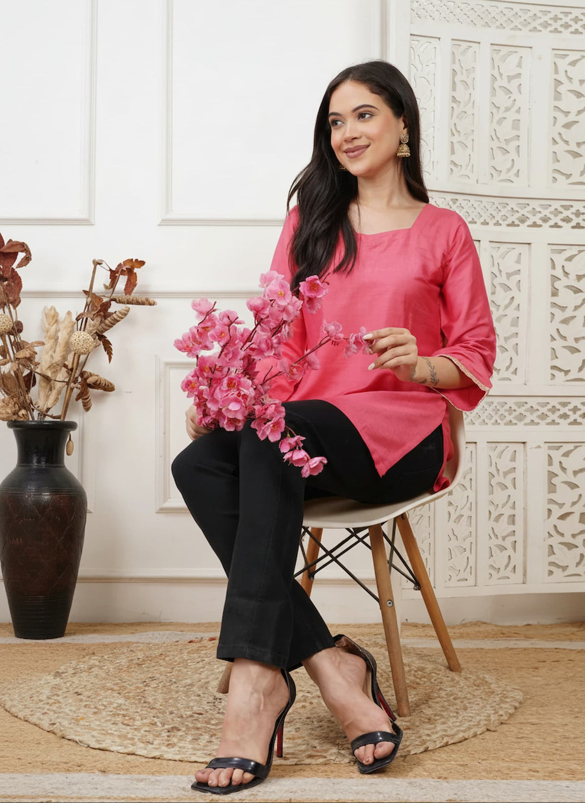 Ayna Coral Handwoven Cotton Silk Short Kurti