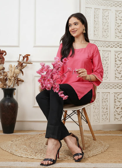 Ayna Coral Handwoven Cotton Silk Short Kurti