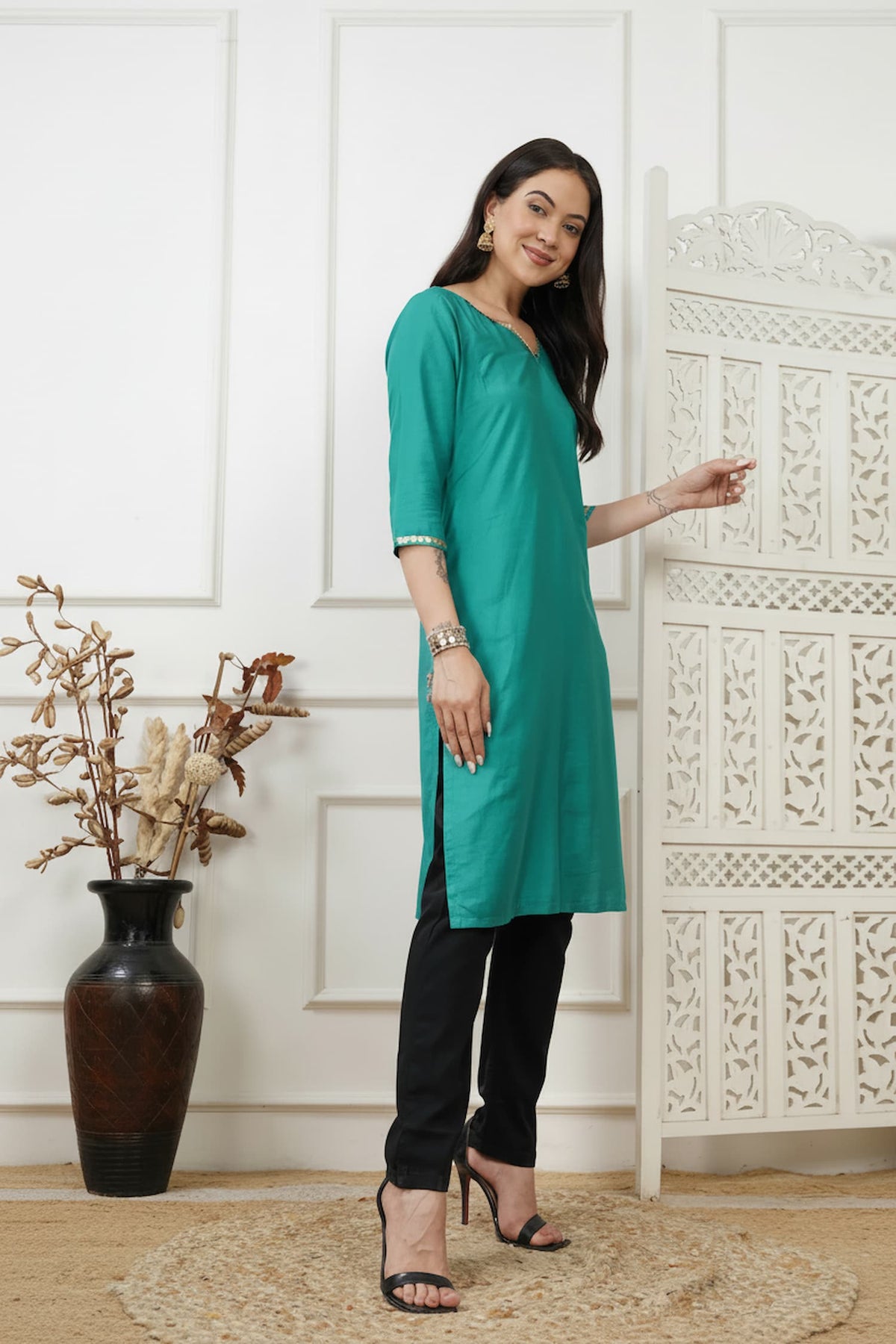 Aarohi Teal Cotton Silk Long Kurta