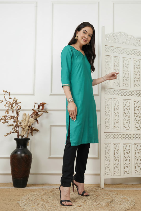Aarohi Teal Cotton Silk Long Kurta
