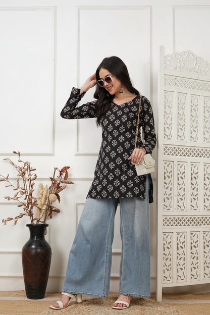 Kissa Black Handblock Short Kurti