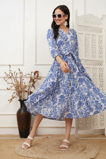 Aurora Blue Handblock Long Dress