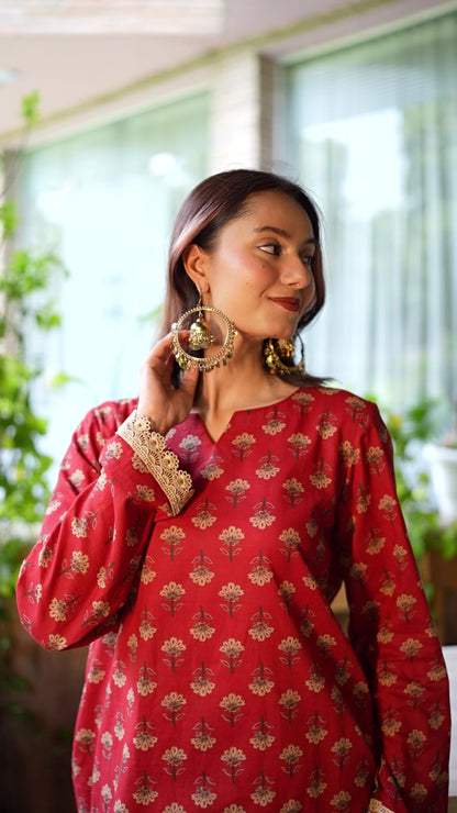 Aarna Maroon Handblock Kurta Co-ord Set